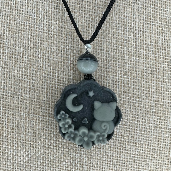 Jewelry - Tai Chi Stone Cat and Moon Pendant Necklace: Silver Accent on Adjustable Rope